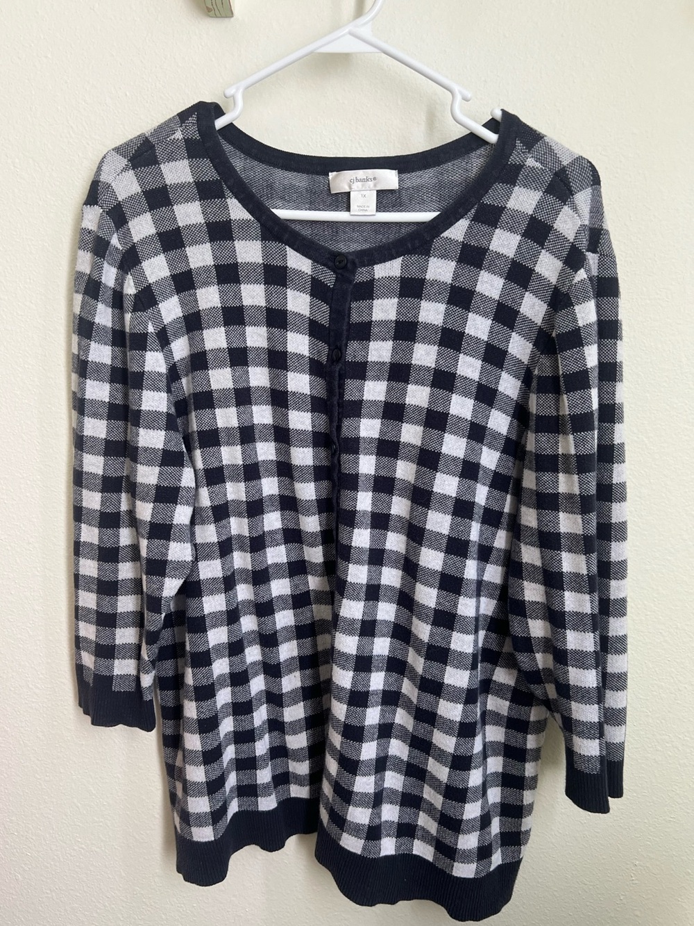 CJ Banks Navy and White Gingham Button Cardigan